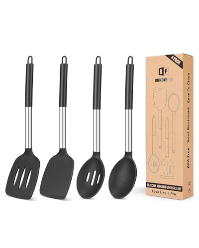 Comparison: Best Nonstick Spoon Set 9 Pack of 4 Silicone Cooking Utensils Set, Non Stick Large Solid Spatulas, Heat Resistant Black Slotted Spoons, Ideal BPA Free Kitchen Turners for Frying, Mixing,Serving,Draining,Turning,Stirring