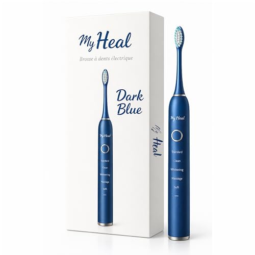 * MY HEAL * | Brosse à dent électrique Sonique | 3 Mois d'Autonomie | 5 Modes de Brossage avec Minuteur de 2 Min intégré | Rechargeable USB | Pack 1 BROSSE A DENT et 2 TETES DE BROSSETTES (Bleu Nuit)