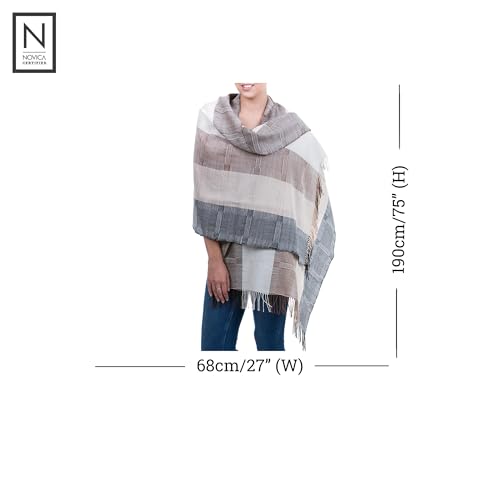 NOVICA Artisan Handmade 100% Alpaca Shawl Unique Fine Wool Neutral Color Accessories Shawls Brown Beige Patternedstriped Peru ' Quiet Atacama'2