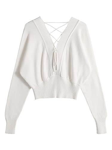Image of ZAFUL Women V Neck Button Knit Crop Sweaters Batwing Sleeve V Back Ribbed Hem Pullover Sweater