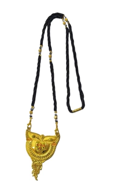 QNAM Crystal Moti Beads Black Golden Mangalsutra Chain With Heart Gold Plated Pendant for Women 22 Inches-image-5