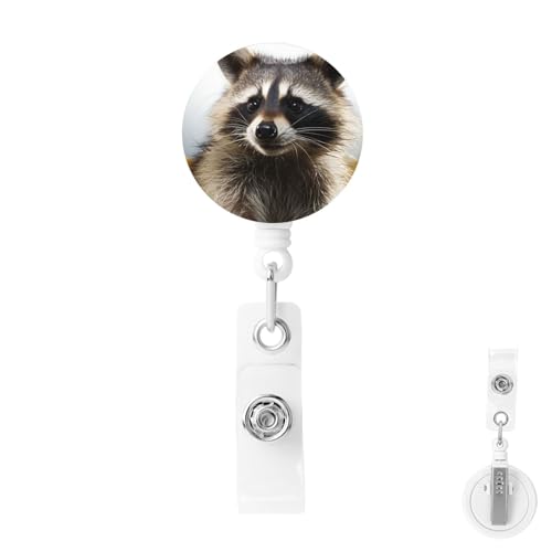 カラビナリールクリップ付き格納式バッジホルダー 高耐久バッジリール 毛むくじゃらのアライグマ 格納式IDカードホルダー ネームバッジリールクリップ キーリング付き キーカードホルダー用