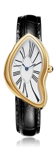 Gosasa Creative Melting Luxury Men's Watch Stylish Analog Quartz Wristwatch with Genuine Leather Strap, Roman Numeral Dial, Waterproof, Business Casual Dress Watch (Gold)