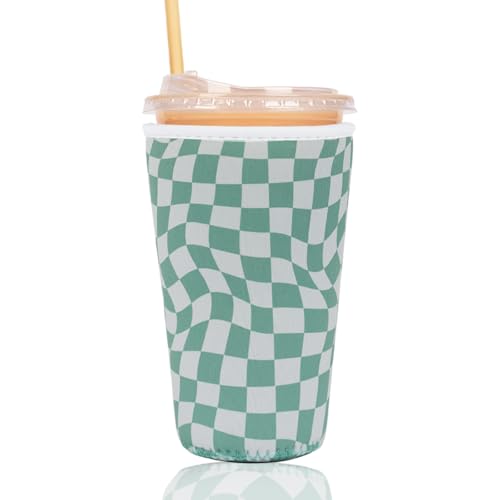 Image of Reusable Insulated Sleeve for Iced Coffee Cup, Coffee Neoprene Sleeve for Cold & Hot Drinks, Beverage Holder for Iced Coffee (Wavy Grid, Large: 32oz)