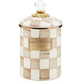 MACKENZIE-CHILDS Large Enamel Canister, Kitchen Storage Container with Lid, Brown-and-White Mocha Check