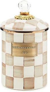 MACKENZIE-CHILDS Enamel Canister, Medium, Brown-and-White Mocha Check | Hand-painted design, made from enameled steel, versatile kitchen storage container for flour and sugar, 48-ounce capacity