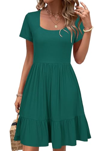 Image of Newshows Women's 2026 Summer Casual Square Neck Ruffle A Line Beach Vacation Sundress Work Business Dress with Pockets