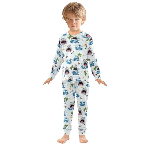 Pajama Sets Long Sleeve Shark Waves Palm Trees Soft Comfy Sleepwear 2 Piece PJS 3-8T2