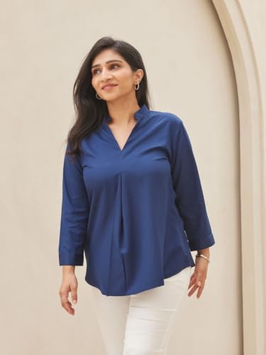 Image of SAADAA Top for Women, Viscose Pleated Tops, V-Neck with a Collar, 3 /4 Sleeve Length, Office & Casual Wear