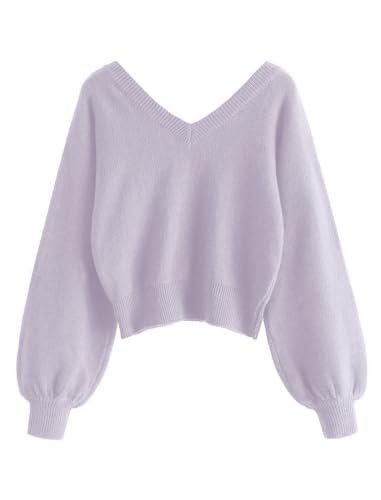 Image of ZAFUL Women's Cropped Sweater V-Neck Long Sleeve Pullover Jumper Knit Top | Crop Length, Ribbed Knit, Double V design, White sweater, Raglan sleeves, lantern sleeve, Fall & Winter, Loose fit, Oversized