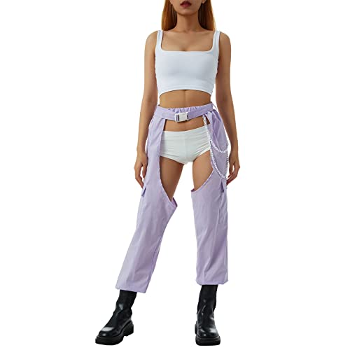 Sexy Buckle Bottomless Pants Women Hollow Out See Through Rave Chaps Hiphop Rock Crotch Pants Belted Cargo Trousers3