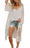 Orshoy Damen Spitze Kimono Cardigan Bikini Cover Up Strand Umhang Bedecken Pareos Leichte Boho Strand Jacke Spitzen Strandpocho Kaftan Strandkleid Sleepwear Weiß7