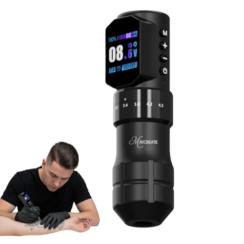 Image of MAYCREATE ArtFlex cordless tattoo pen with LCD screen, 7-step adjustable stroke from 2.3mm to 4.5mm, 2000mAh USB rechargeable battery, low noise rotary design compatible with tattoo cartridges