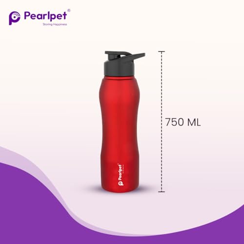 Image of PEARLPET Sportskool Slim Stainless Steel Single Wall Water Bottle 750ml | Leakproof, Durable, Reusable | For Gym, School, Office, Fridge Use | Pack of 1 (Red)