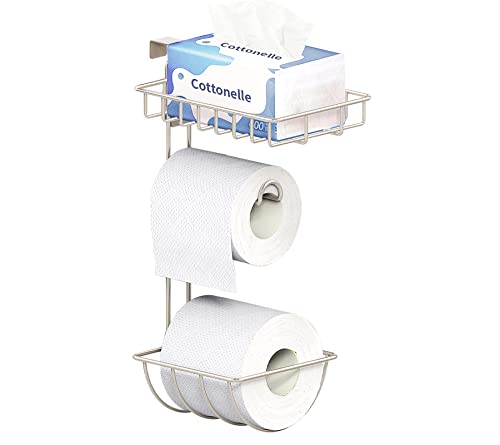 Hxoxmxe Support de papier toilette pour salle de bain et panier de rangement, distributeur de fil métallique durable et support de réserve 2 rouleaux 1 pour Easy Store Power Coat Nickel Cover