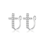Reffeer Solid 925 Sterling Silver Cross Cuff Earrings for Women Teens CZ Cross Earrings Wraps Non Piercing (A-Silver)