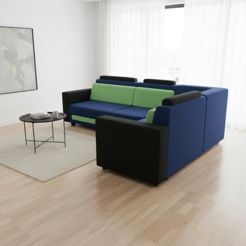 Image of APRODZ Wooden Sofa Set 6 Seater for Living Room, Solid Wood L Shape Sectional Sofa with Velvet Fabric Upholstery, Cushioned Seating for Home, Office & Lounge, Blue, Black & Green