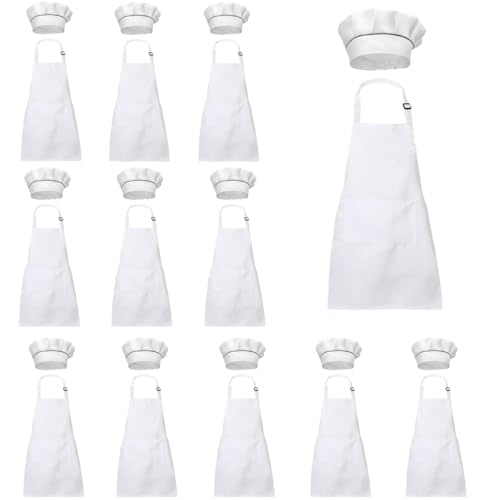XIEJINJIA Grembiule per bambini con cappello da cuoco, impermeabile, regolabile con 2 tasche per ragazzi e ragazze, scuola, cucina, cucina, Set da 12 pezzi, colore bianco, L