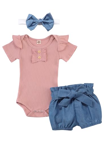Image of Baby Girl Summer Clothes Newborn Infant Girls Outfits Ruffle Romper and Shorts with Headband Sets 0-24 Months