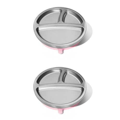Avanchy Baby Plates with Suction Stainless Steel Divided Plates for Toddlers BPA-Free Dishwasher Safe Unbreakable Non-Toxic 100% Silicone Suction 2 pack Pink
