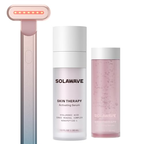 Solawave Red Light Therapy Starter Kit | Face Wand LED Device, Activating Serum, & Refill | Anti-Aging Tool for Depuffing, Under Eye Dark Circles, Reduces Appearance of Fine Lines, Lifts & Tones Neck