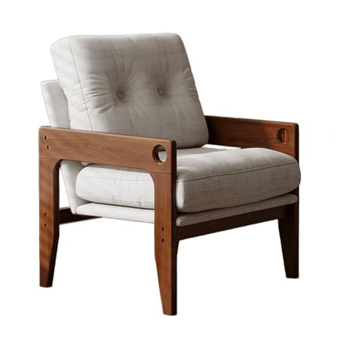 Reclining Armchair - Solid Wood Frame, Thick Cushions & Backrest, Comfortable for Living Room, Balcony, or Bedroom - Ideal Reading Chair