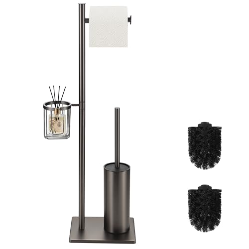 DAZI Conjunto de escova WC com suporte para papel higiénico e cestilha para guardar objetos 3 em 1, escova de casa de banho aço inoxidável, porta-rolos de escova minimalista para proteção de espaço