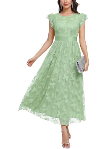 Image of Women's Casual Tulle Midi Dress Ruffle Sleeve Crewneck Lace Flowy Dresses Party Wedding Guest Sundress
