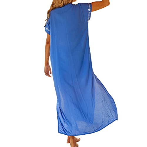 Saída de praia feminina com estampa boêmia, manga curta, gola V, fenda lateral, vestido longo, Azul,