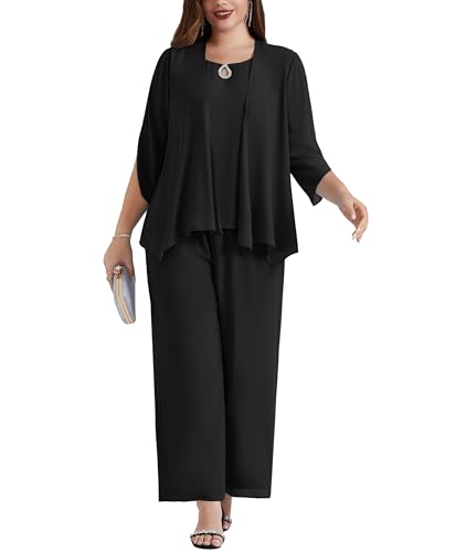 Hanna Nikole Women's Plus Size Evening Suit Sets 3-Piece Elegant Set Cocktail Party Festive Trouser Suit Three-Piece Chiffon Jacket and Shirt and High Waist Trouser Suit Black
