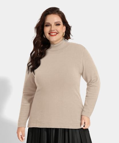 Image of CARCOS Plus Size Sweaters for Women Solid Turtleneck Sweater Long Sleeve Pullover Tops Casual Split Hem Knit Shirts
