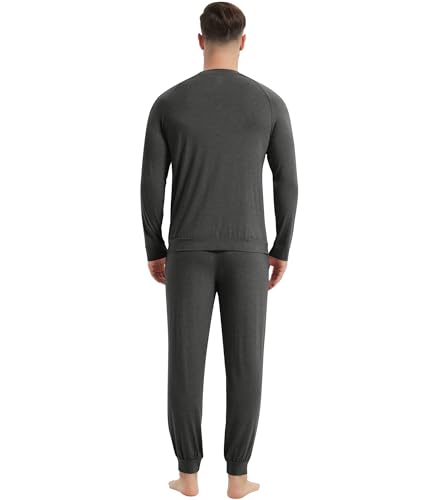 Image of NACHILA Mens Pajamas Set Long Sleeve Henley Sleepwear Top Soft Jogger Pants Pajamas Cool Pjs Set,Viscose Made from Bamboo