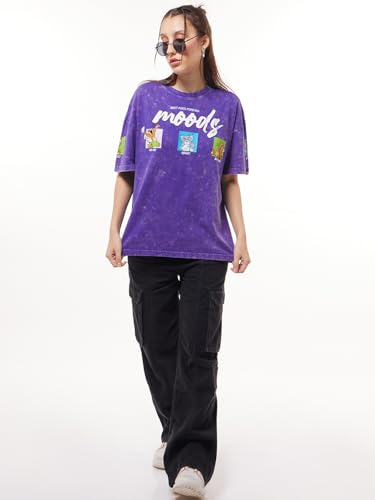 Image of Bewakoof Official Tom & Jerry Merchandise Women's Graphic Print Oversized Fit Half Sleeve Round Neck Cotton Jersey Acid Wash T-Shirt