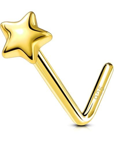 OUFER 20G Star Nose Stud L-Shaped 925 Sterling Silver Nose Piercing Stud 7 mm Nose Jewellery Gold Nose Ring Body Piercing Jewelry Nose Piercing Nostril Piercing