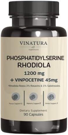 VINATURA PhosphatidylSerine Rhodiola Rosea 1200mg, 3% Rosavins & 1% Salidrosides - Calm, Brain Booster, Brain Supplements for Memory and Focus, Stress Relief Gifts for Women, Men - 90 Capsules