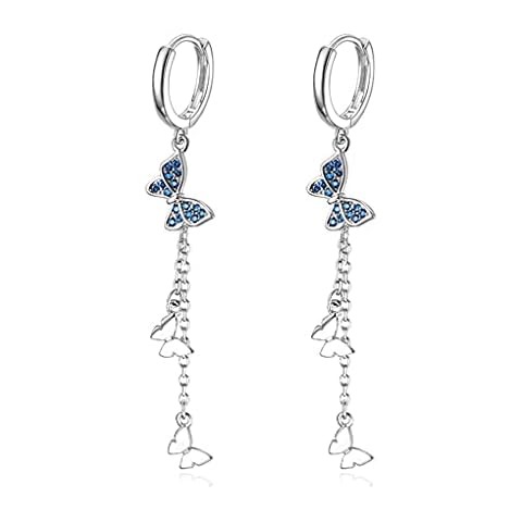 SLUYNZ 925 Sterling Silver Butterfly Dangle Earrings Tassel for Women Teen Girls CZ Butterfly Hoop Earrings Chain (Silver) Cover