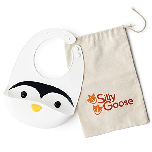 Image of Silly Goose Silicone Animal Baby Bibs for Babies and Toddlers, Waterproof, Adjustable, Soft, Extra Wide Food Catcher Pocket (Baby Penguin)