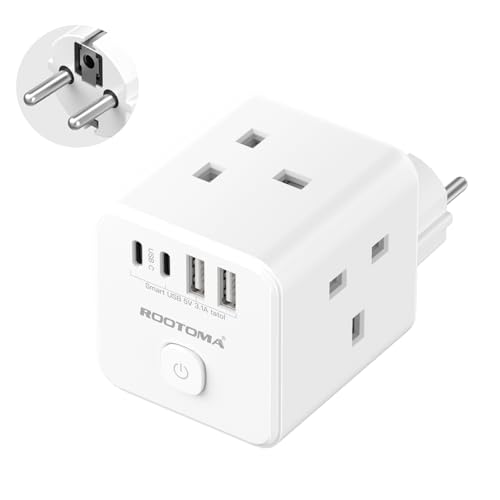 UK to European Plug Adapter with 4 USB Ports(2 USB C) Cube European Plug Adapter for Germany Spanish France Turkey Italy Egypt Greece Portugal and More(Type E/F)