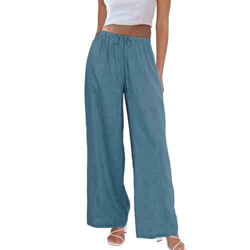 Image of Duyang Womens Cotton Linen Palazzo Pants Drawstring Elastic Waist Casual Wide Leg Trousers with Pockets