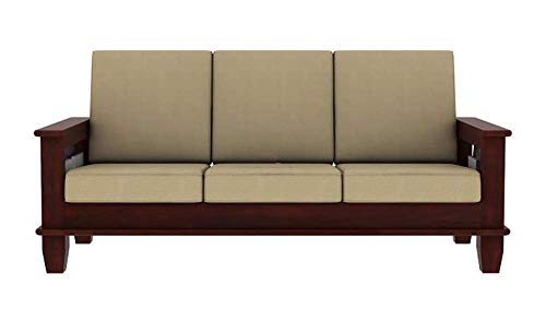 Image of Wooden Sheesham Wood Sofa Set 3 Seater for Living Room Furniture /Office Furniture Sofa Set | Without Pillow | Cream Cushions | Mahogany Finish