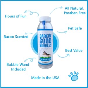 Image of Barkin' Good Bubbles, Dog Toy, 9.5 fl oz Natural Plant-Based Chicken-Scented Bubble Solution, Great for Indoor & Outdoor Play, Blue