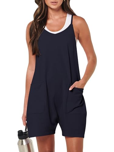 CLOUPSO Jumpsuit Damen Sommer Träger Lässiger Kurz Arbeitshose Latzhosen Ärmellos Overall Lose Einteiler Romper Hosenanzug mit Spagettiträger mit Große Taschen Blau L