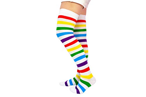 Image of Striped Thigh High Womens Socks - Over the Knee Stockings (White Rainbow)