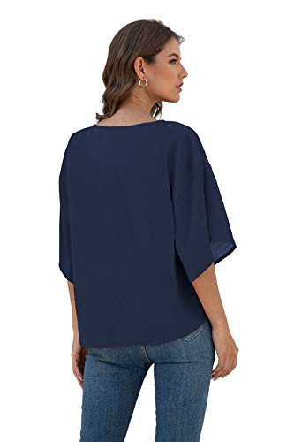 Viishow Womens Tie Front Loose Short Sleeve V Neck Blouses Chiffon Tops Summer Shirts(Navy Blue,X-Large) #TOP3