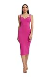 Dress the Population Women's Sloane Rounded V Neck Bodycon MIDI Dress, Bright Fuchsia, Small