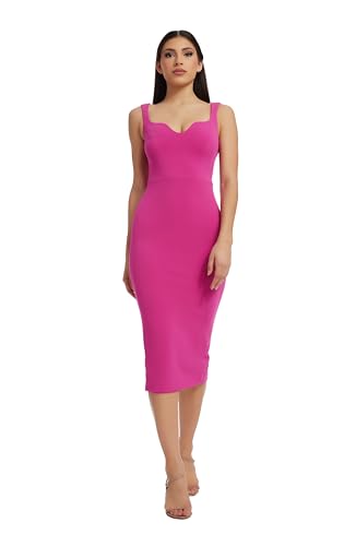 Dress the Population Women's Sloane Rounded V Neck Bodycon MIDI Dress, Bright Fuchsia, Small