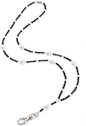 Rosehill Black and White Pearl Beads Women's Fashion Lanyard Necklace Handmade with break away magnetic clasp and swirl hook,Perfect for ID badges and keys