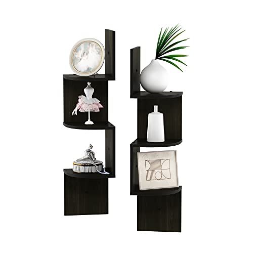 Image of Furinno Rossi Set of 2 3-Tier Corner Floating Shelves for Wall, Espresso | Zigzag Wall Shelf, Radial Mounted Floating Book Shelf, for Bathroom, Bedroom, Living Room