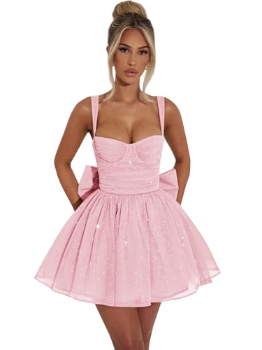 AIHKO Glitter Tulle Short Homecoming Dress Pink Sweetheart Puffy A-line Formal Sweet 16 Birthday Party Dress with Bow Size 0