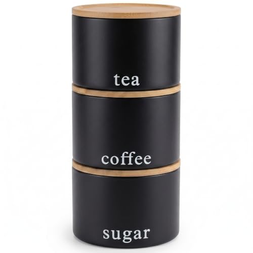 EHC Tea Coffee Sugar Canister Set Set of 3 Stackable Airtight Food Storage Easy to Open Storage Cansiters Jars Tin Black